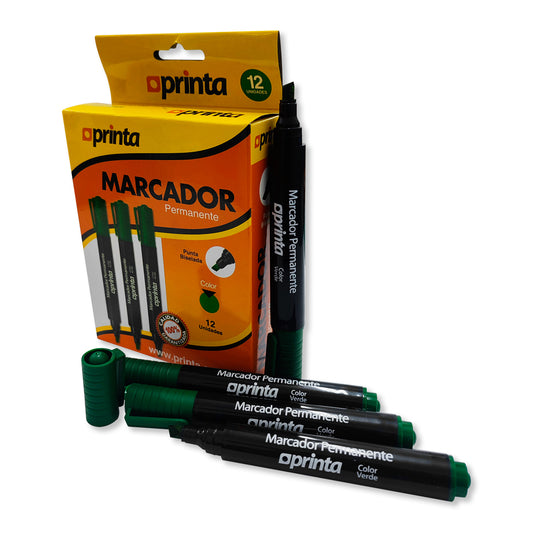 Marcador Permanente Punta Bisel Verde 12 Unidades Printa