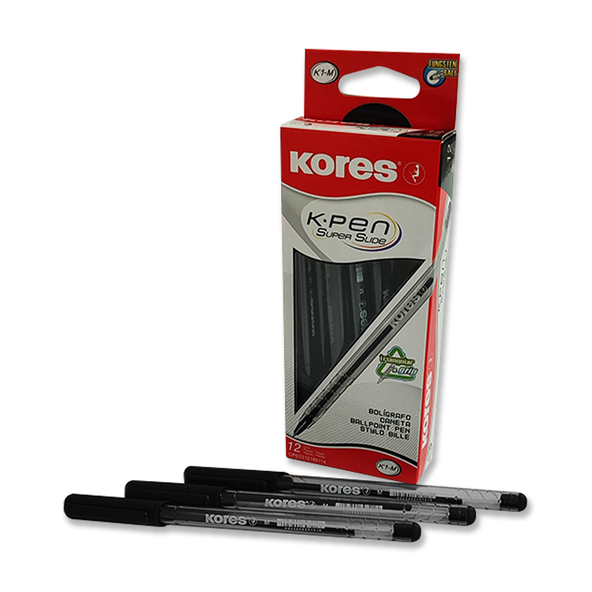 Bolígrafo Kores K1M Color Negro Caja de 12 Unidades